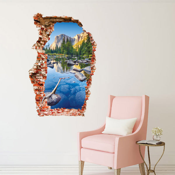 3D Colorful Pond Mountain Scene Broken Wall Decal