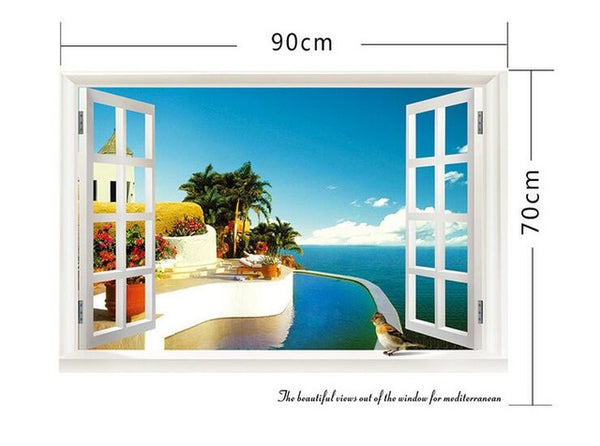 3D Beach Sea Window Scenery Wall Decals