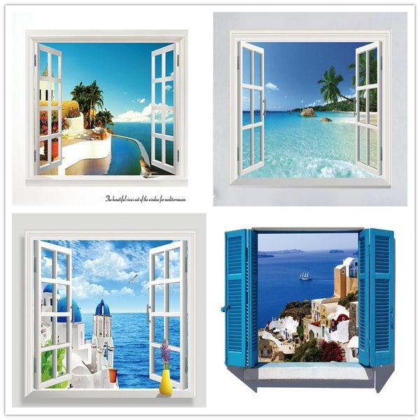 3D Beach Sea Window Scenery Wall Decals