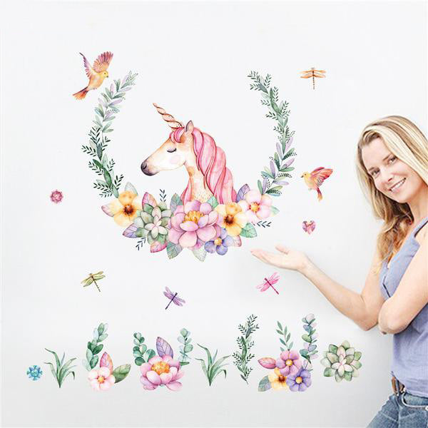 Unicorn Flower Birds Wall Mural