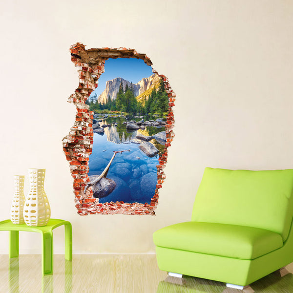 3D Colorful Pond Mountain Scene Broken Wall Decal
