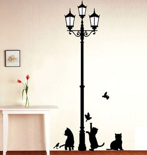 Vintage Street Lamp With Playful Cats And Birds Wall Mural