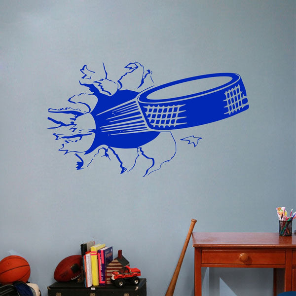 Sweet Hockey Puck Ripping Through Wall Decal