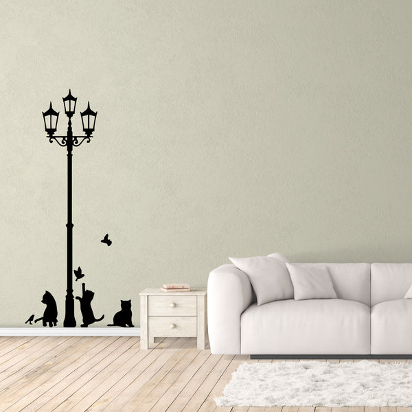 Vintage Street Lamp With Playful Cats And Birds Wall Mural