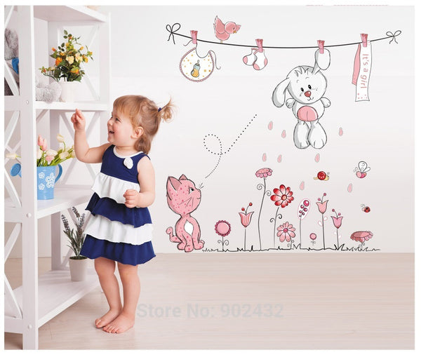Pink Cartoon Cat Rabbit Flower Teddy Bear Wall Decal