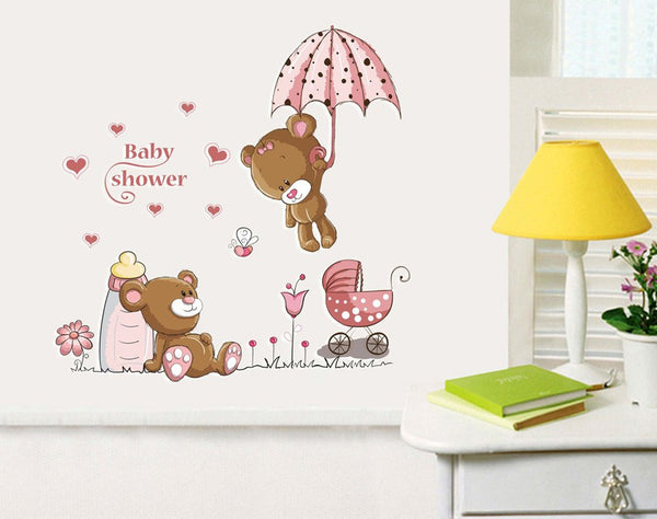 Pink Cartoon Cat Rabbit Flower Teddy Bear Wall Decal