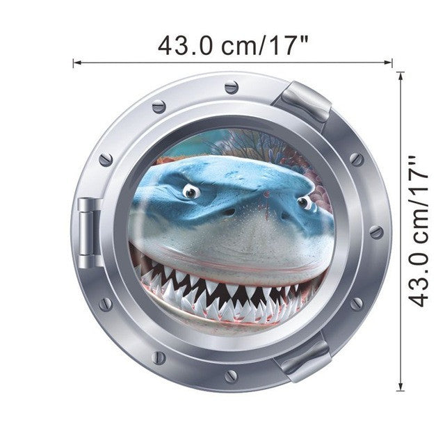 3D Shark Through Porthole Wall Decal